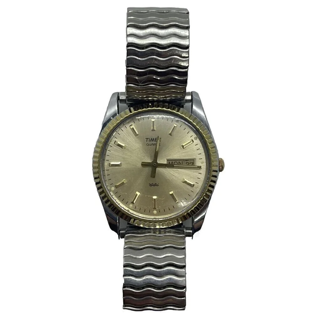 Vintage TIMEX Men's Two Tone Watch T B0 Stainless Steel Stretch Spiedel Bracelet